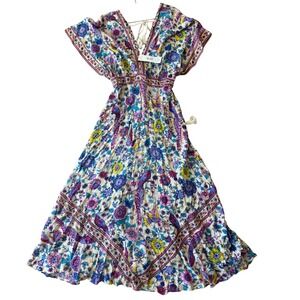 Fashion Fuse Floral Maxi Dress Boho Bird Print V Neck Tie Waist L M NWT